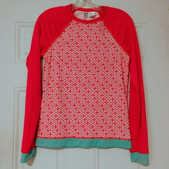 Title Nine Rash Guard Swim Top 90s Geometric Trellis Dot Print Coral Pink Aqua M - Picture 5 of 12